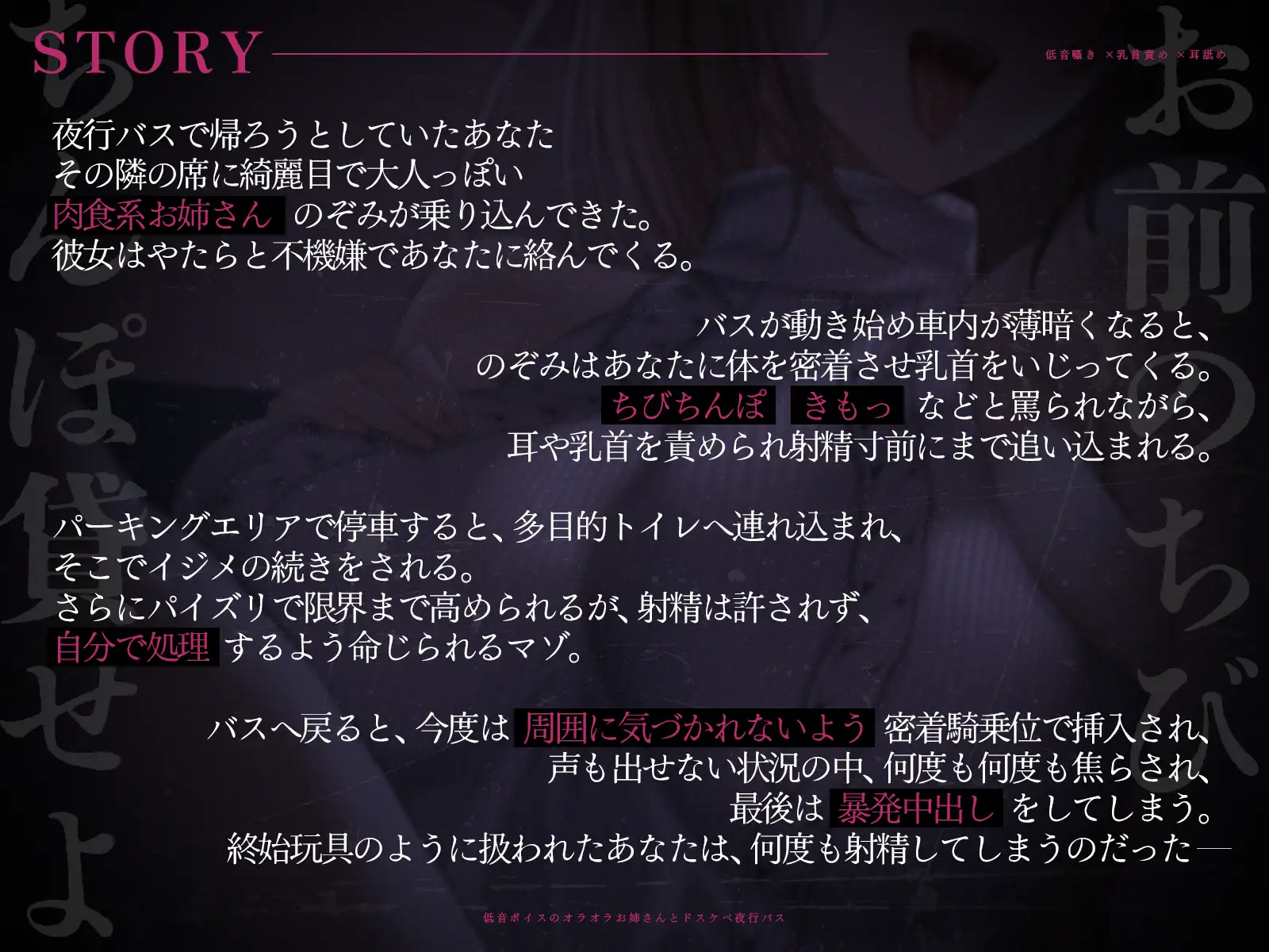 【低音囁き×乳首責め×耳舐め】「おい、お前のちびちんぽ貸せよ」低音ボイスのオラオラお姉さんとドスケベ夜行バス【CV沢野ぽぷら】_4