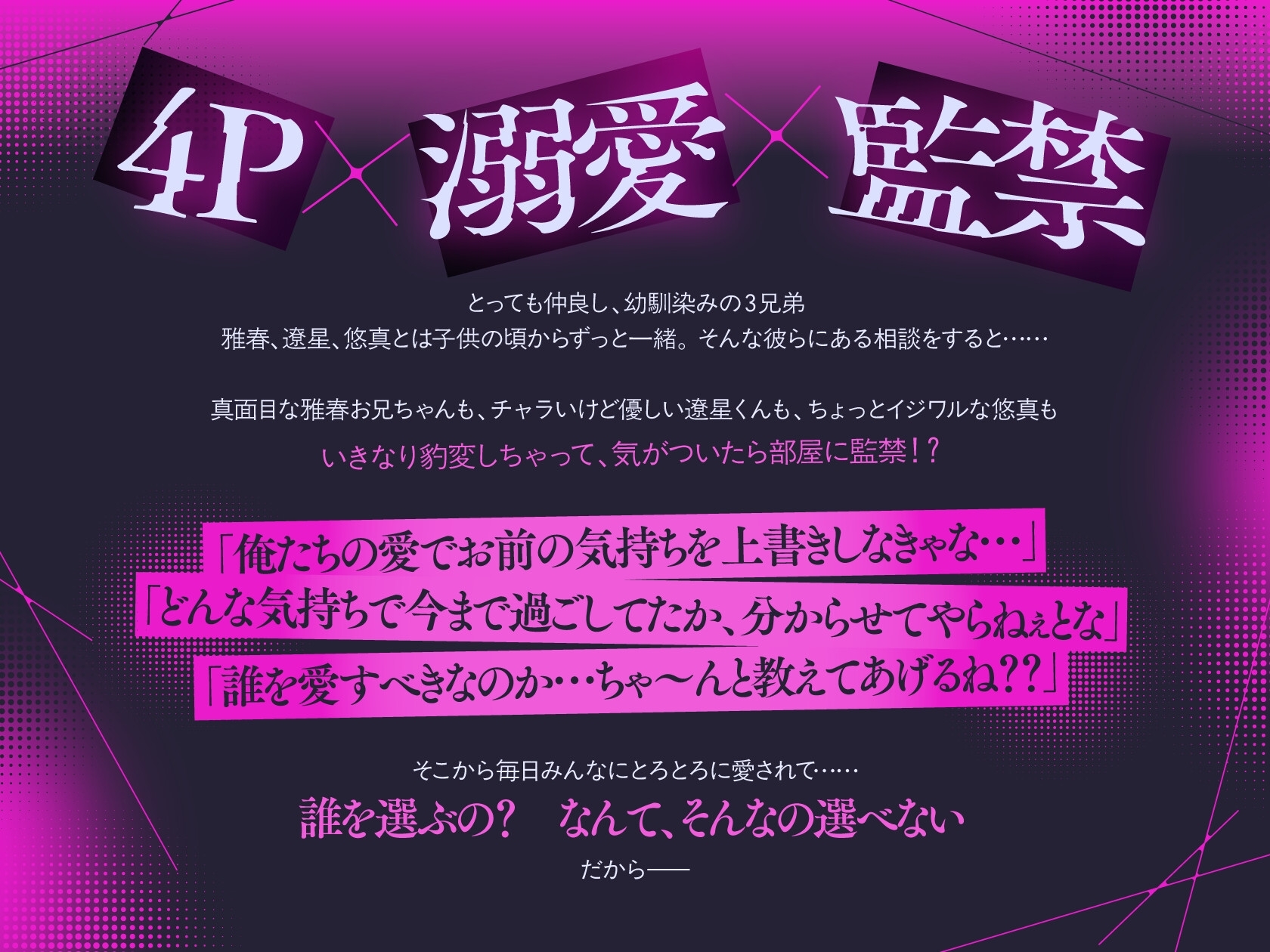 【4P×溺愛×監禁】執着ハーレム監禁日記～恋愛相談したら幼馴染の3兄弟が迫って離してくれません～ - プレビュー 1