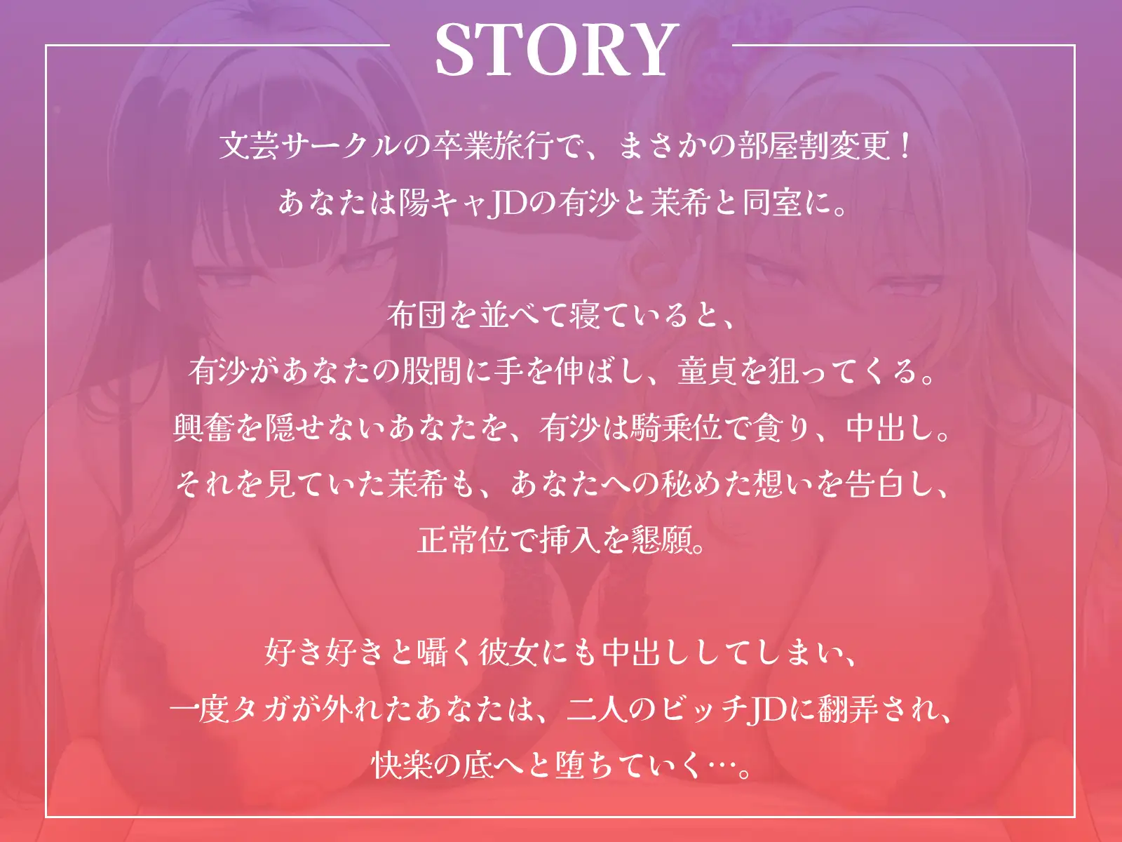 卒業旅行で部屋割急遽変更！?陽キャ女子二人に挟まれて陰キャなあなたの童貞が危ない！～憧れの先輩ギャルと清楚系JDに逆レ○プされるハーレム旅行～【KU100収録】_0
