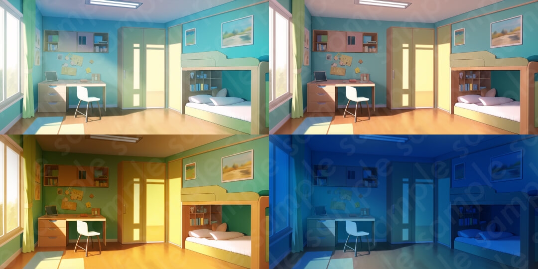 【背景素材6種セット】家セットA・外観・部屋・リビング・台所【差分4種:朝・昼・夕・夜】