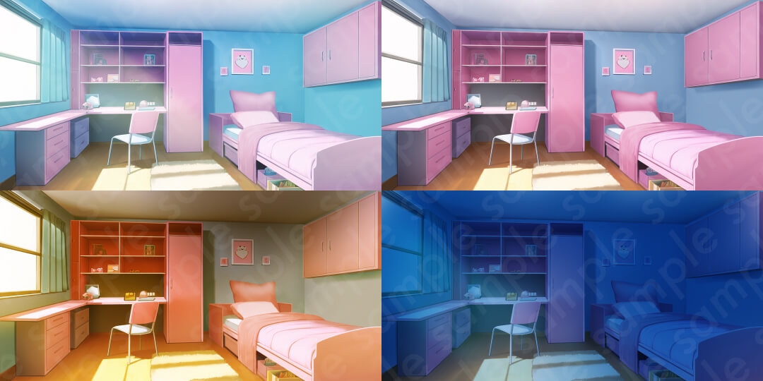 【背景素材6種セット】家セットA・外観・部屋・リビング・台所【差分4種:朝・昼・夕・夜】