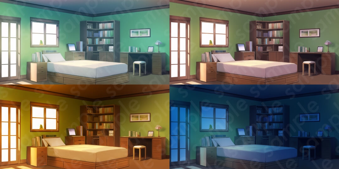 【背景素材6種セット】家セットA・外観・部屋・リビング・台所【差分4種:朝・昼・夕・夜】