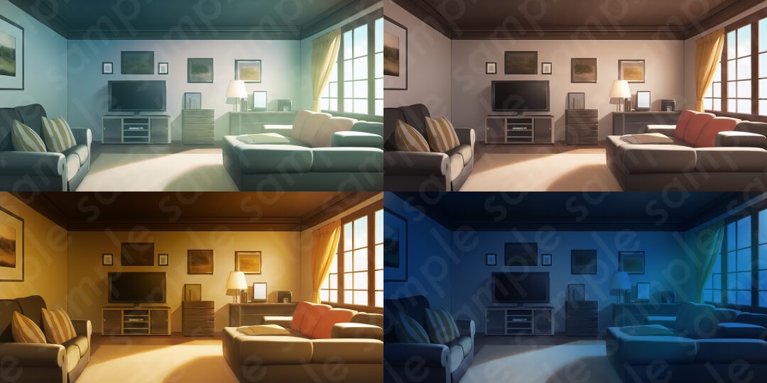 【背景素材6種セット】家セットA・外観・部屋・リビング・台所【差分4種:朝・昼・夕・夜】