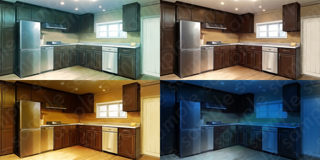 【背景素材6種セット】家セットA・外観・部屋・リビング・台所【差分4種:朝・昼・夕・夜】