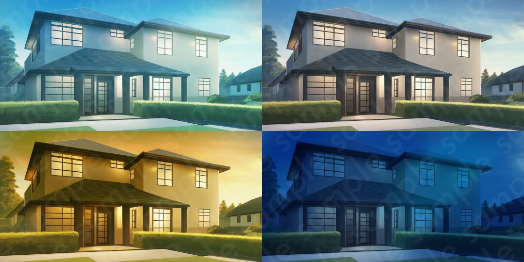 【背景素材6種セット】家セットA・外観・部屋・リビング・台所【差分4種:朝・昼・夕・夜】