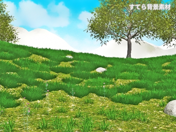 CG背景素材 山に囲まれた草原 1