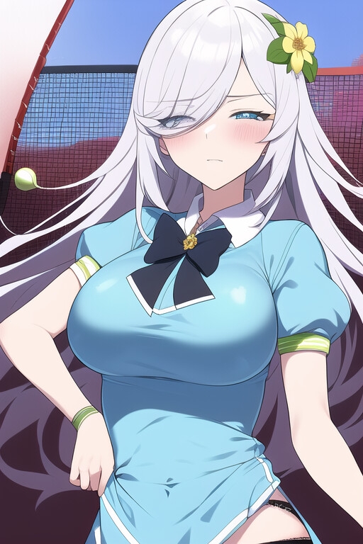 テニスウェアの中は水玉と縞模様。