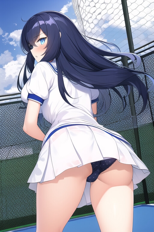 テニスウェアの中は水玉と縞模様。