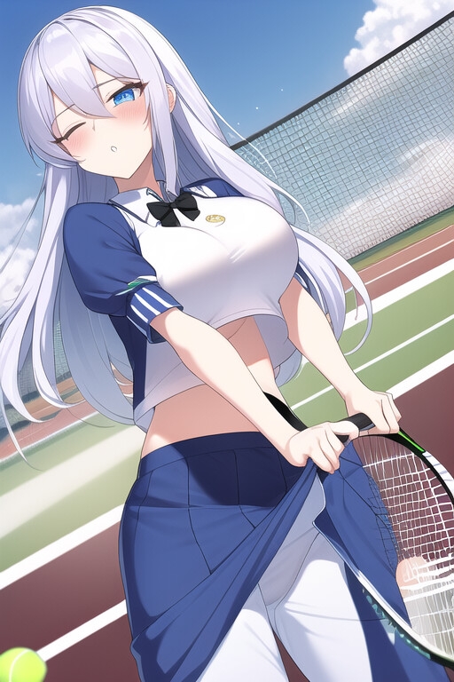 テニスウェアの中は水玉と縞模様。