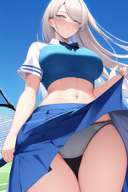 テニスウェアの中は水玉と縞模様。