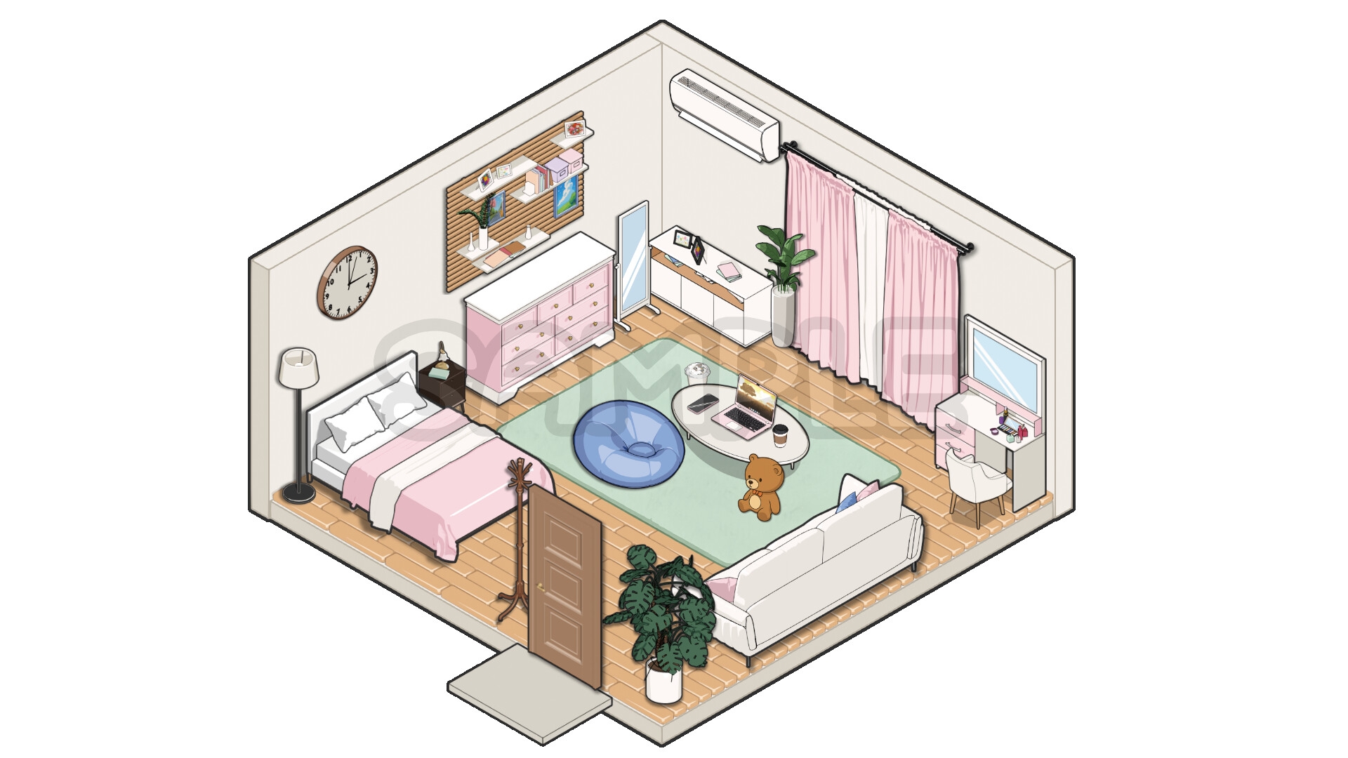 ゲームやイラストに使える！ピンク系お部屋素材セット【PNG/28パーツ】
