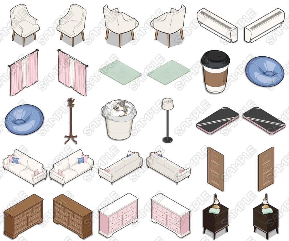 ゲームやイラストに使える！ピンク系お部屋素材セット【PNG/28パーツ】