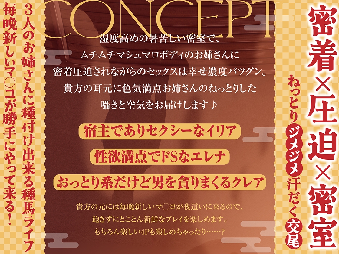 【圧迫密着汗だくムレムレ夜○い交尾】夜○いが当たり前の倫理観ぶっ飛び宿屋で、欲求不満の性豪お姉さん達に毎日夜○いされて限界搾精されるお話【ゾクゾク耳舐め吐息】 画像2