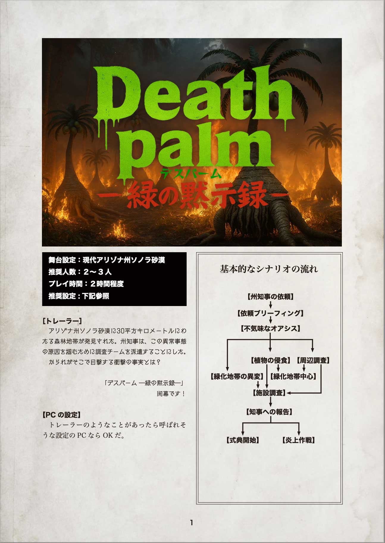 KutuluハックTRPG「B級ホラーパーティ」シナリオ「デスパーム ―緑の黙示録―」