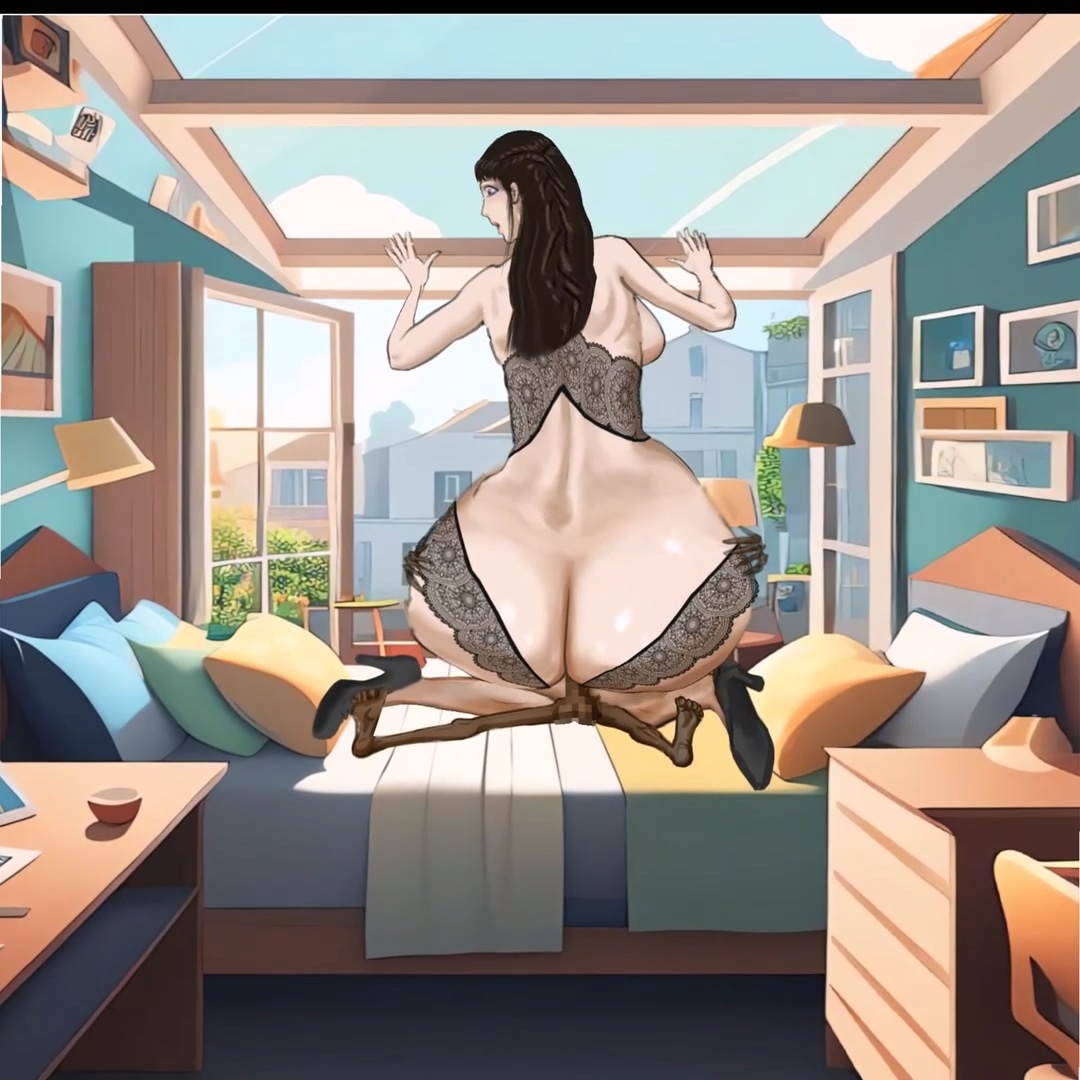 黒いストッキングを履いた背の高い若い女性が、巨大なお尻で家庭的な男の長いペニスに乗る 画像1