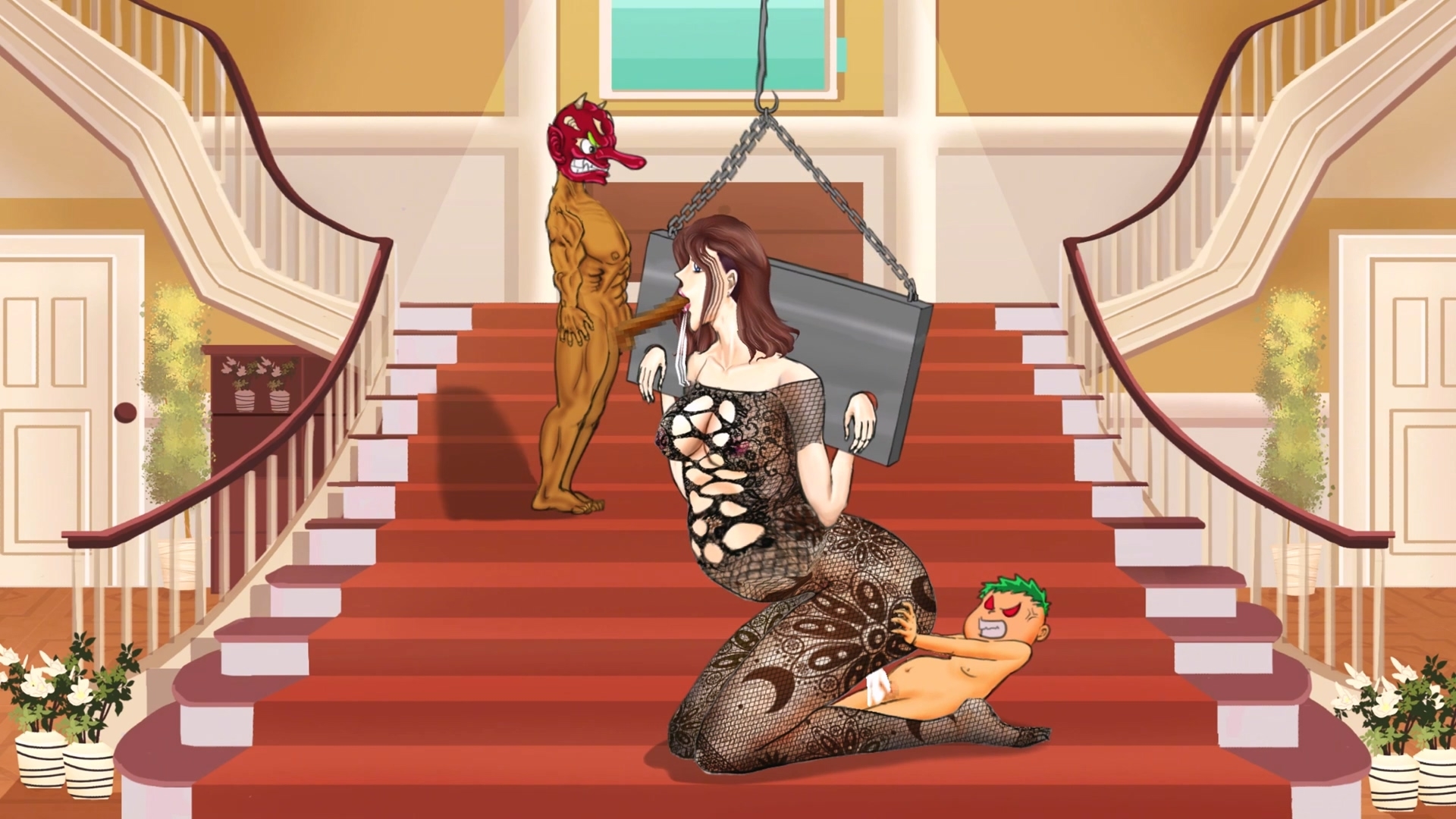 黒い網タイツを履いた女奴○が屋敷で二人の兄弟に犯される 画像5