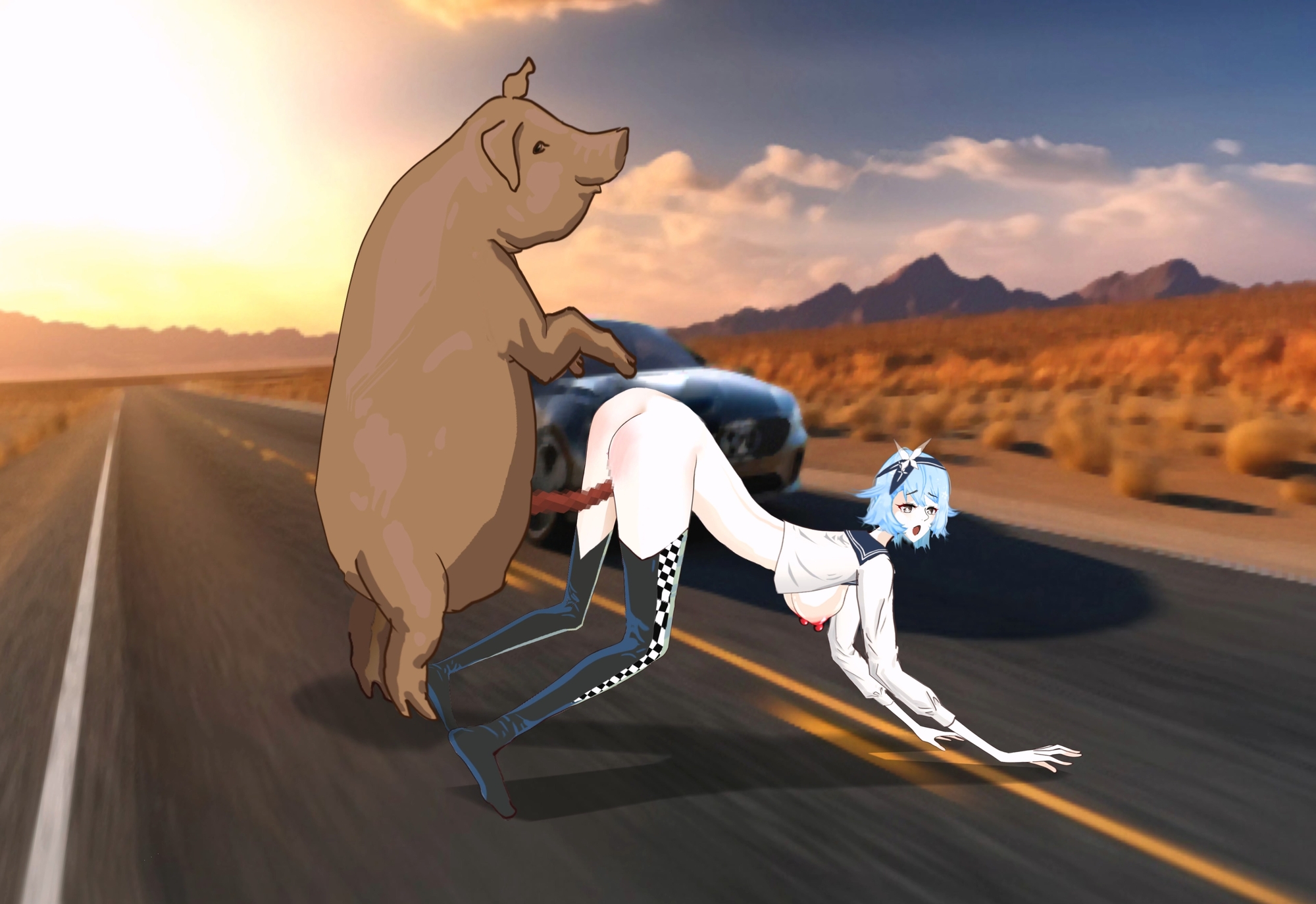 女性レーサーが道端で豚に犯される 画像1