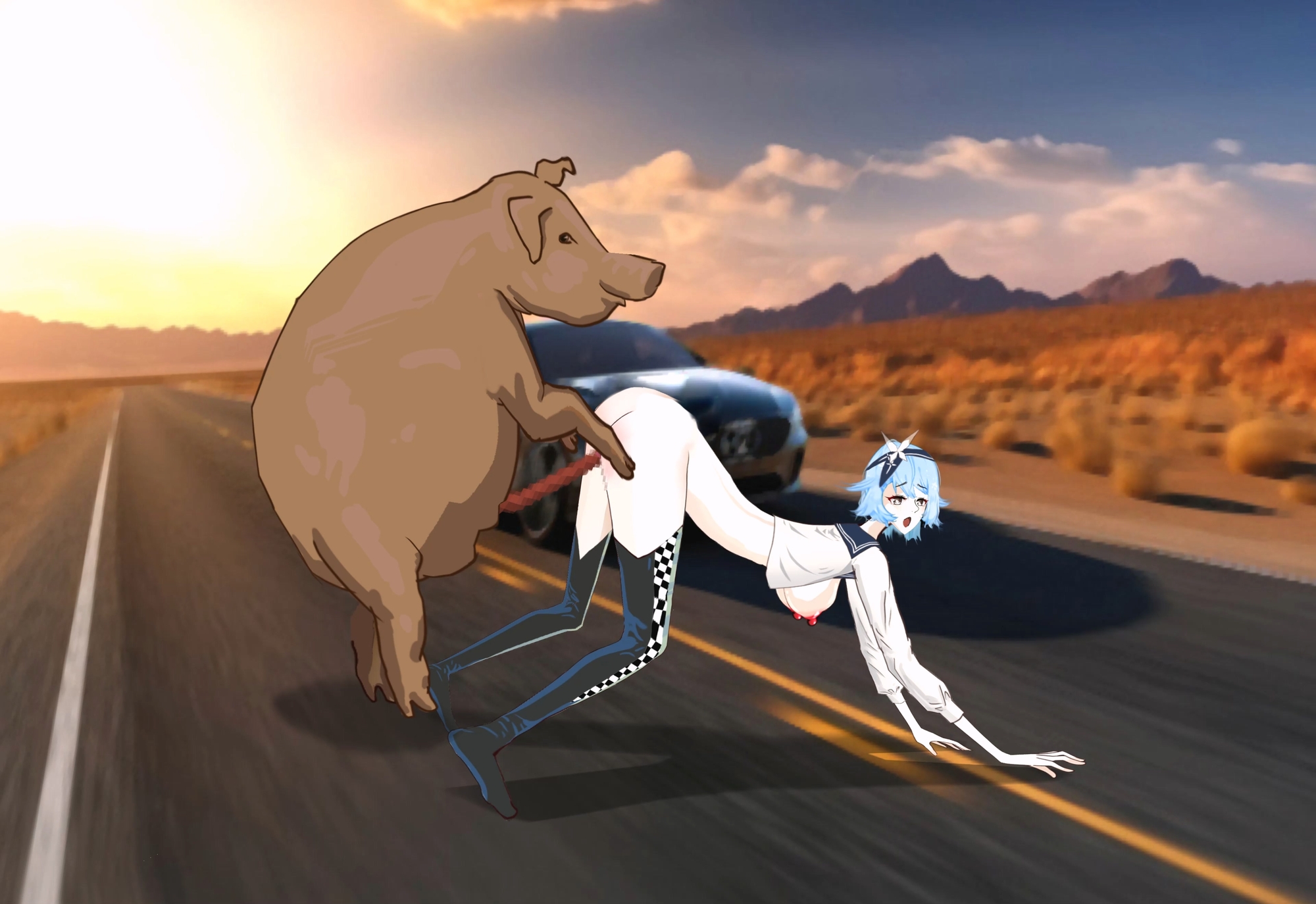 女性レーサーが道端で豚に犯される 画像2