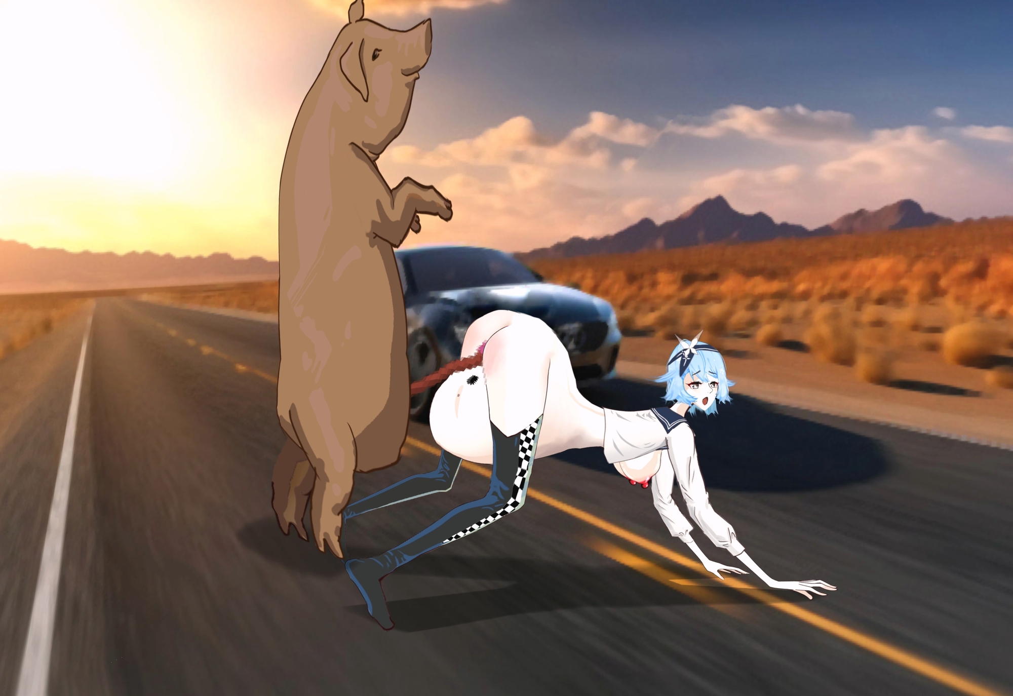女性レーサーが道端で豚に犯される 画像3