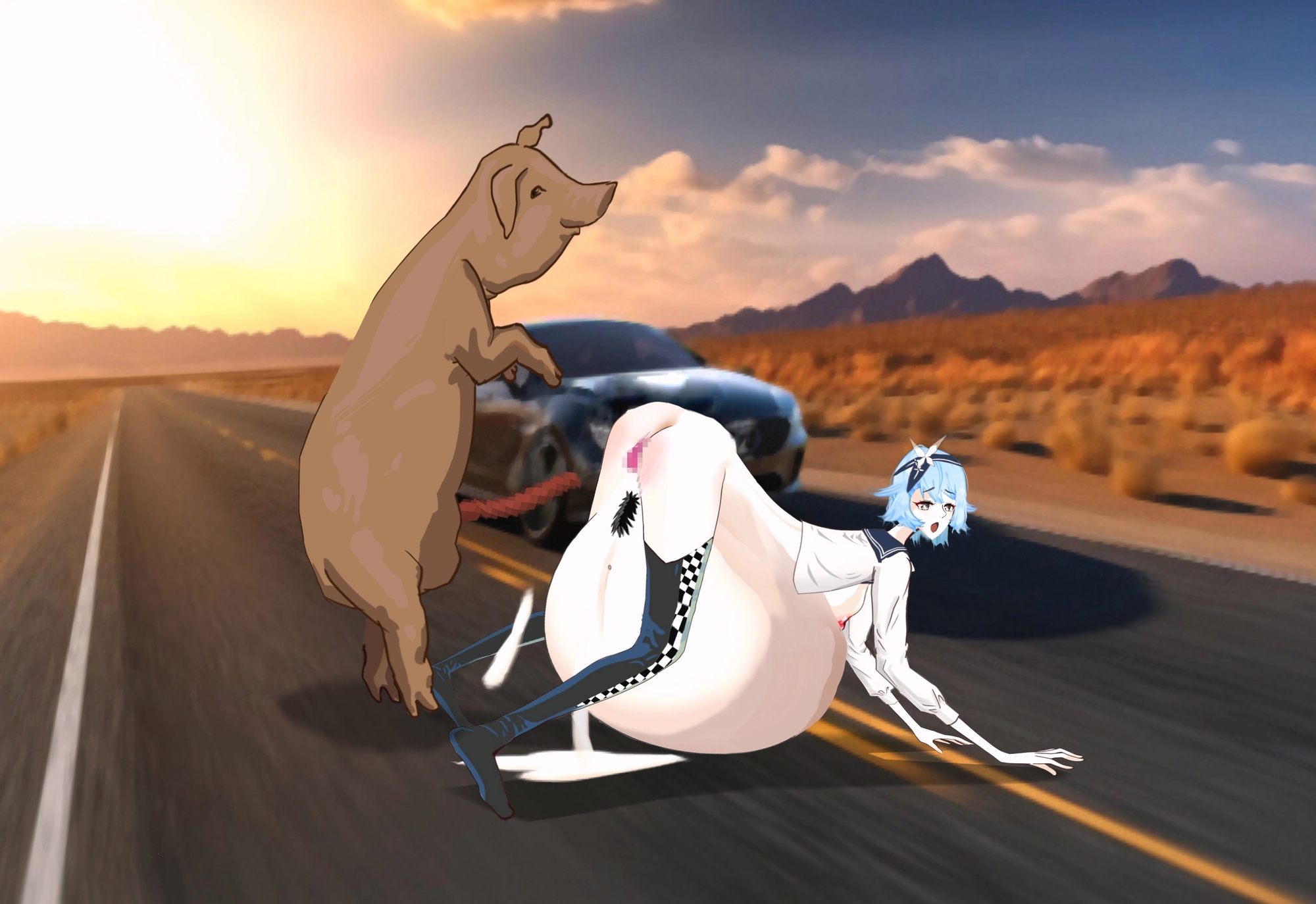 女性レーサーが道端で豚に犯される 画像4