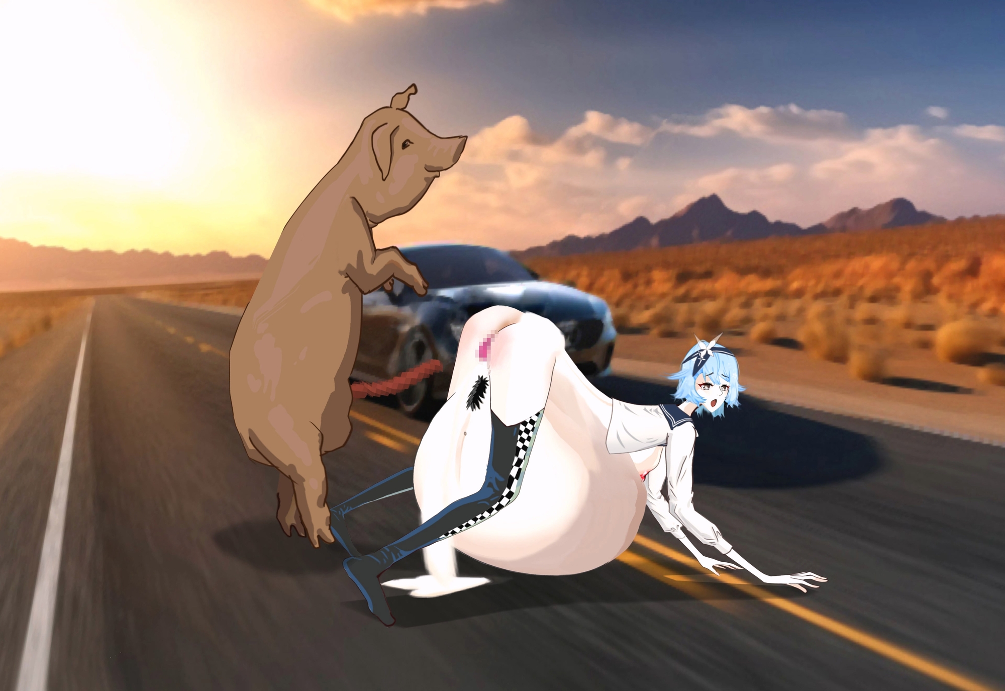 女性レーサーが道端で豚に犯される 画像5