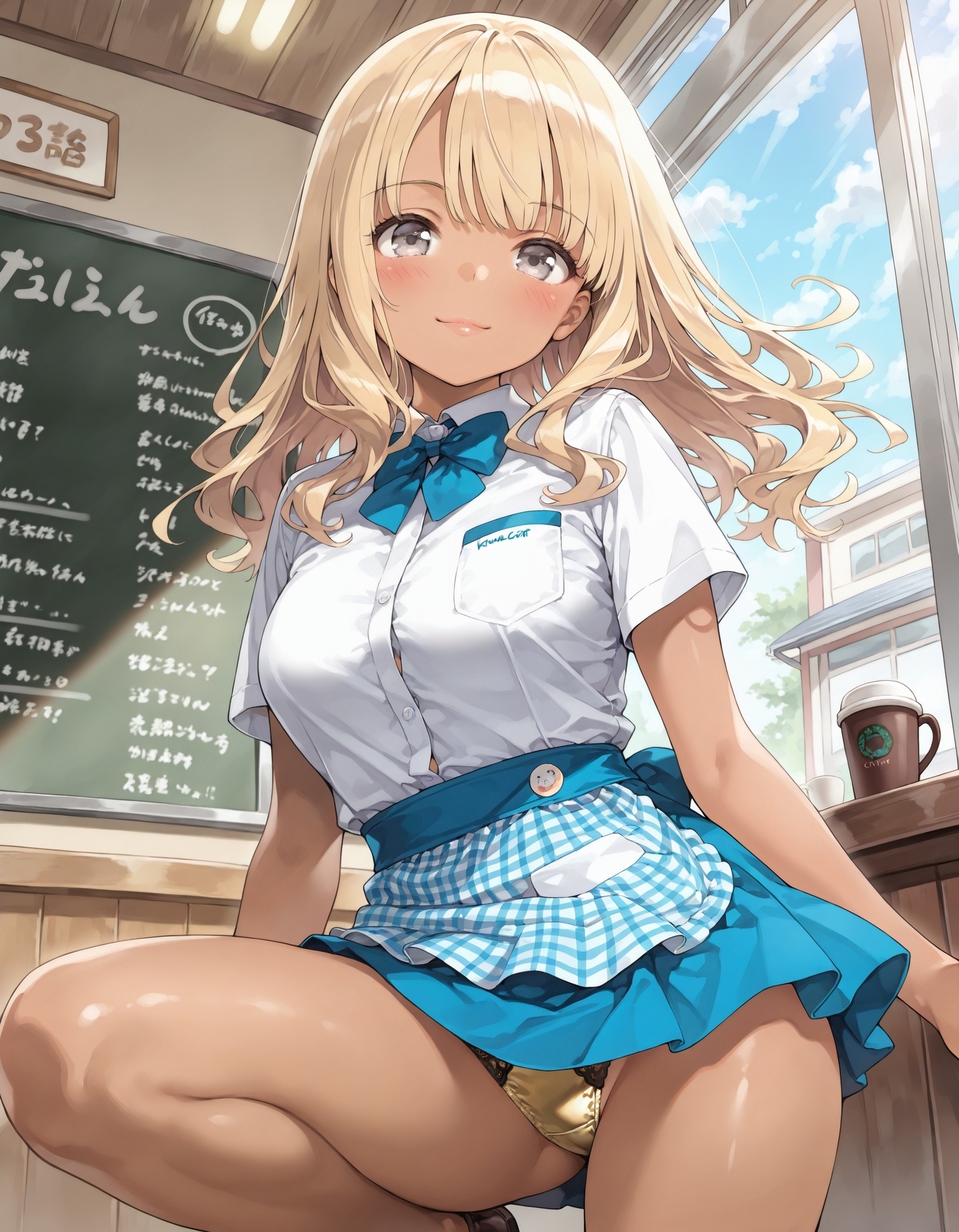 黒ギャルウェイトレスのしゃがみパンチラ_1