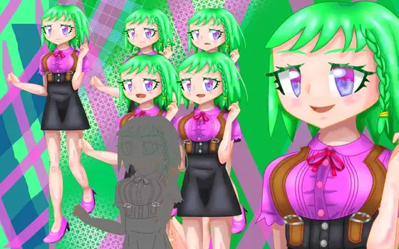 立ち絵素材18ジャンパースカート緑髪ショートヘアの女の子