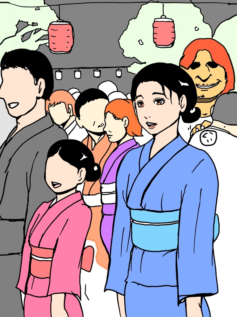 浴衣人妻家族の側で 画像1