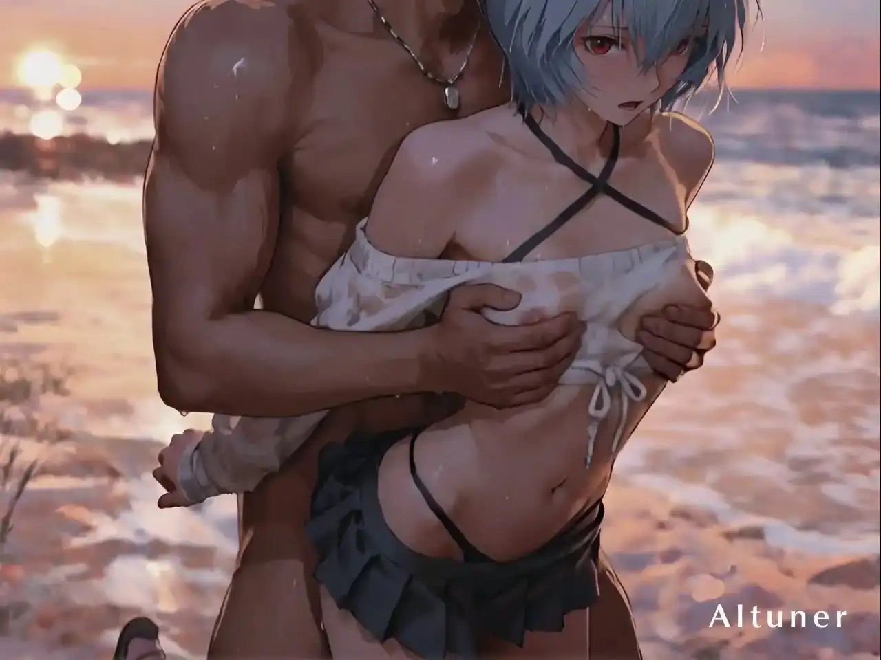 サンプル画像2|【エロCG/動画】【15分HD】最後の光を独り占め──青髪ショート×赤い瞳、秋のビーチと海の家で最後まで【AItuner】