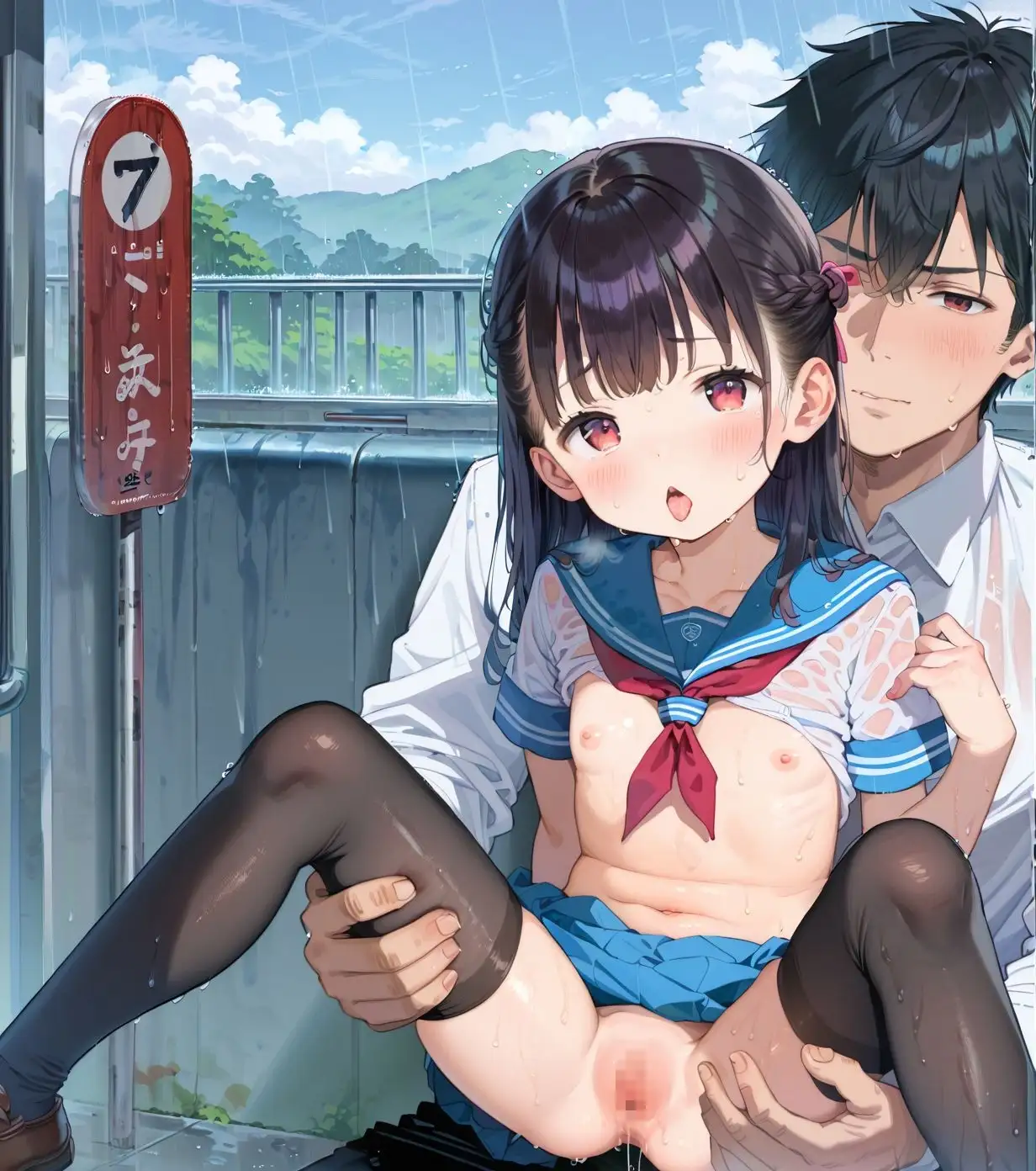 制服ちっぱい少女、バス停で雨宿り02 サンプル画像 2