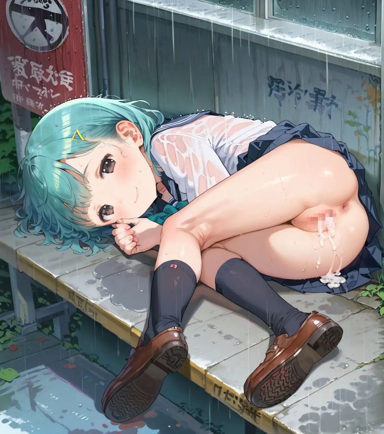 制服ちっぱい少女、バス停で雨宿り02 サンプル画像 4