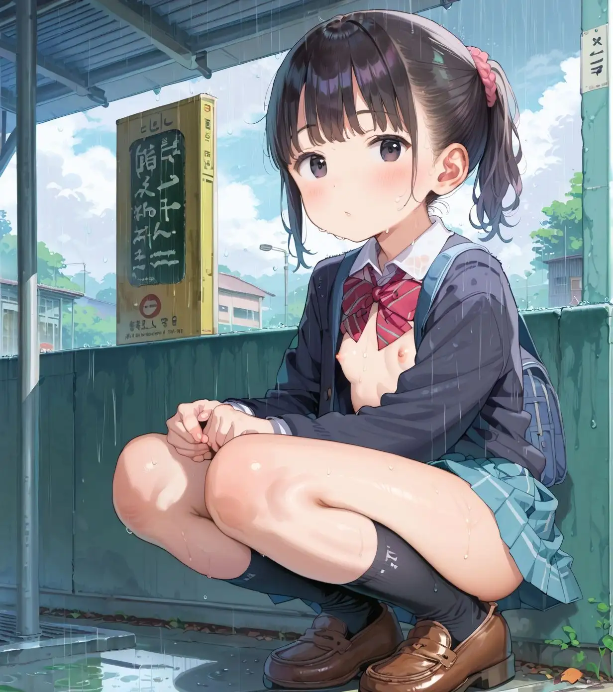 制服ちっぱい少女、バス停で雨宿り02 サンプル画像 9