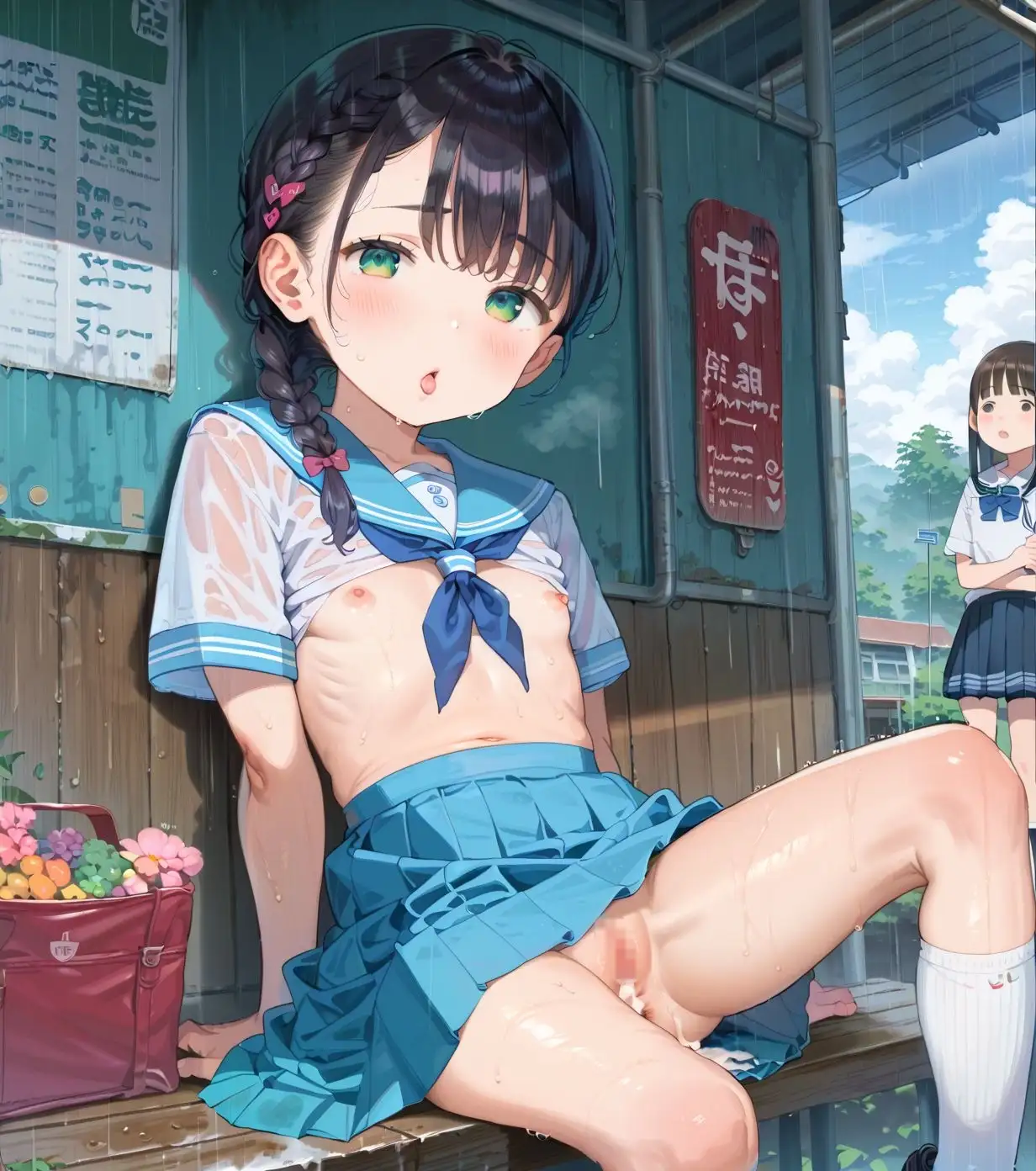 制服ちっぱい少女、バス停で雨宿り03 サンプル画像 2