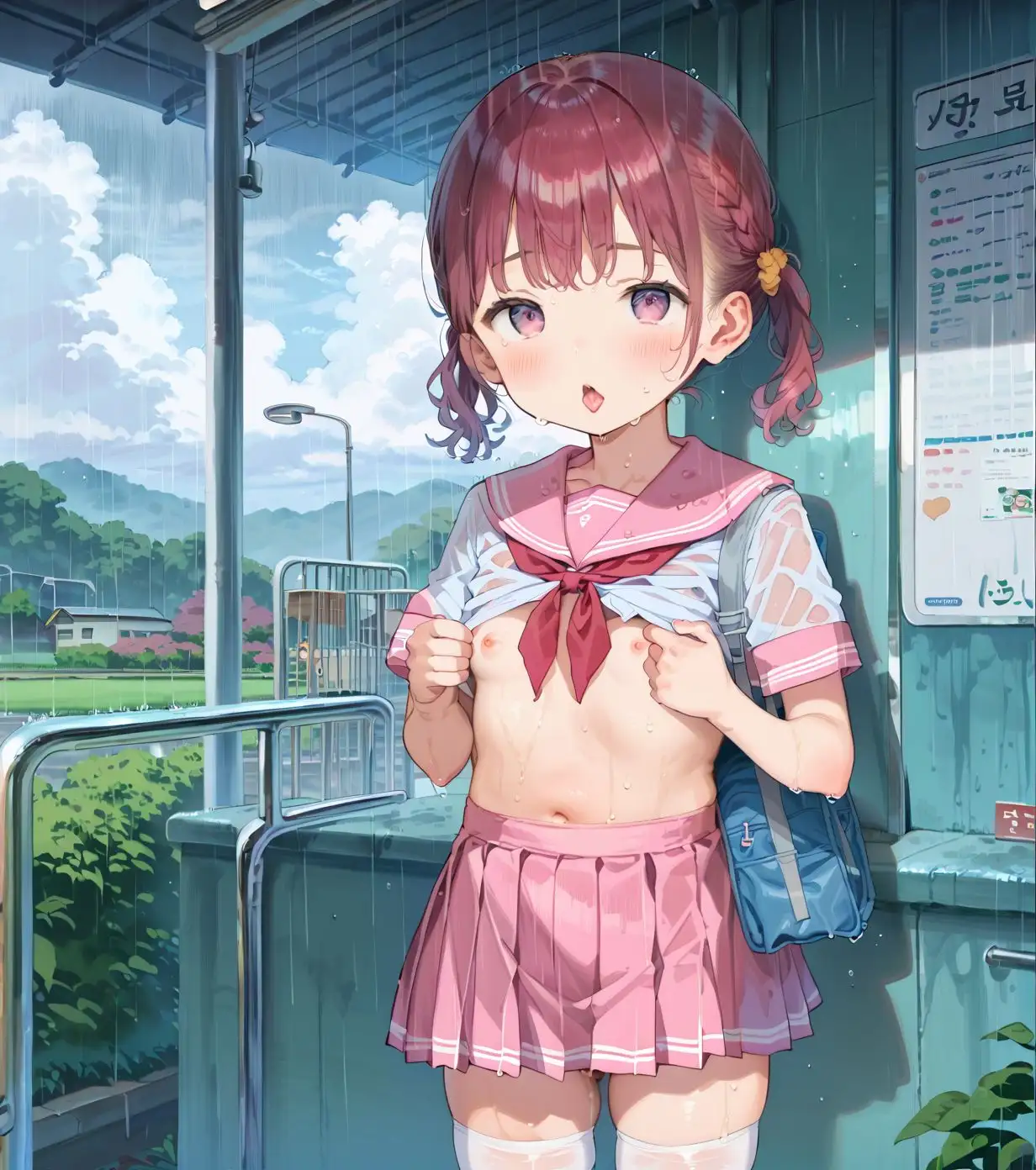 制服ちっぱい少女、バス停で雨宿り03 サンプル画像 3