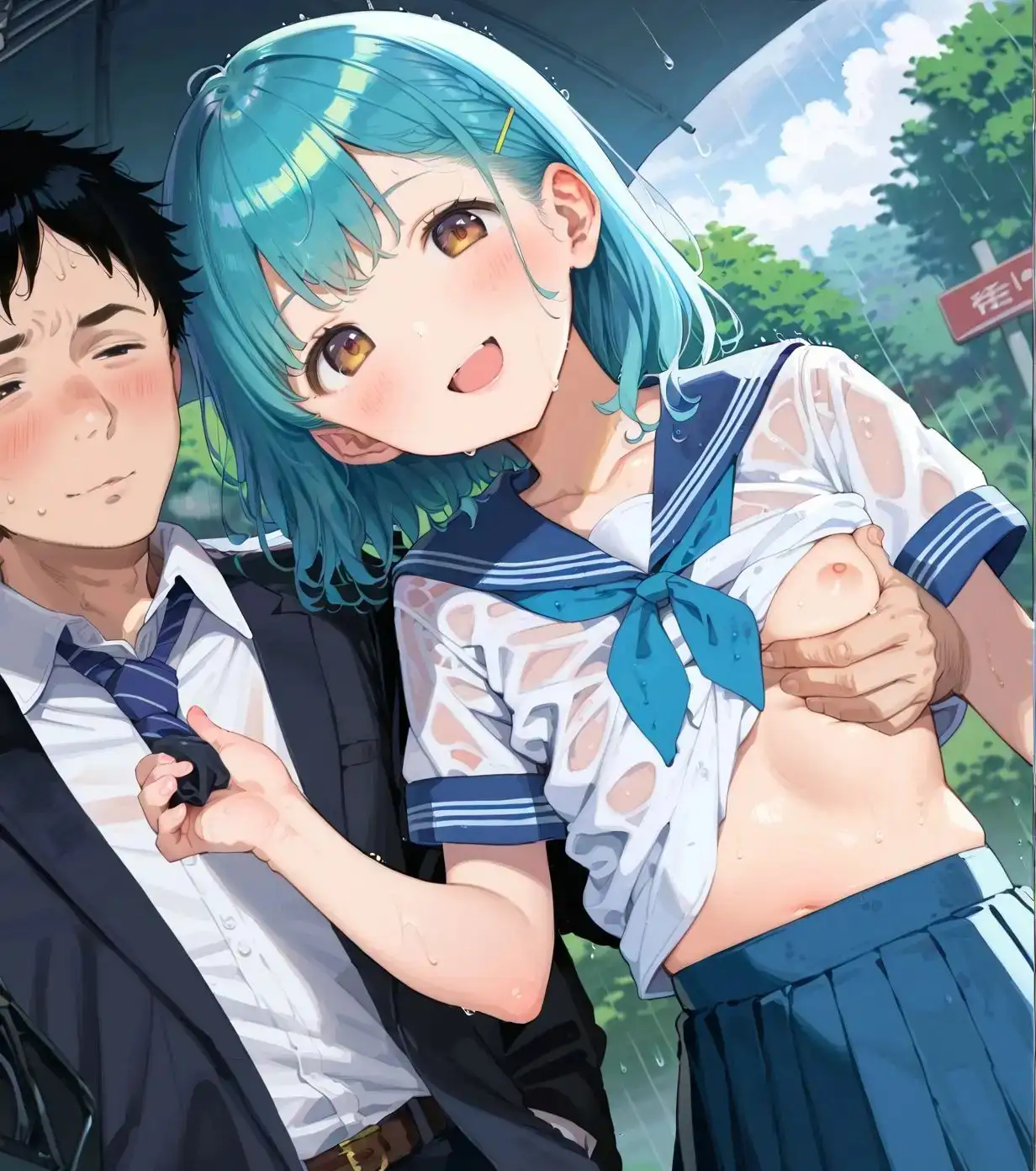 制服ちっぱい少女、バス停で雨宿り03 サンプル画像 4
