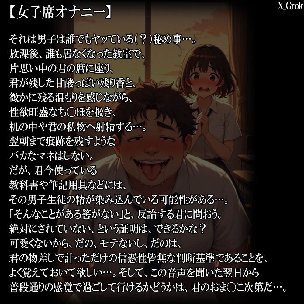 【女子席オナニー】忘れ物を取りに教室に戻ったら、男子が私の席で、おち〇ぽ扱いてた。～気づかれてそのままやられちゃいました～