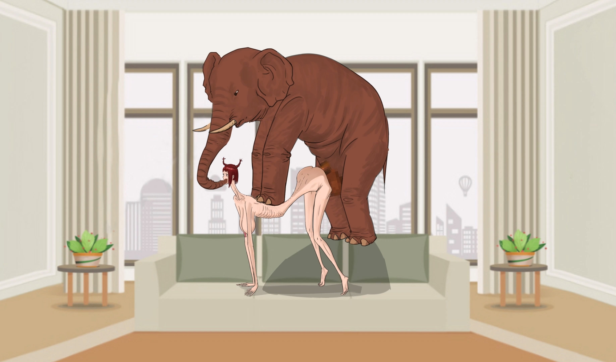 細身で長髪をおさげにした女性が、リビングルームのソファーで象に性的暴行を受け、膣脱を負った 画像2