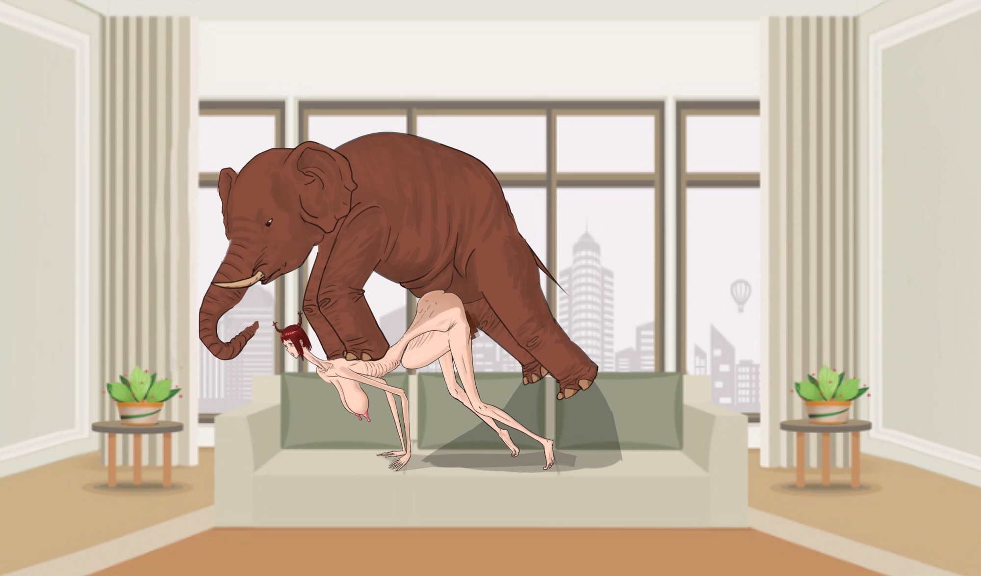 細身で長髪をおさげにした女性が、リビングルームのソファーで象に性的暴行を受け、膣脱を負った 画像3