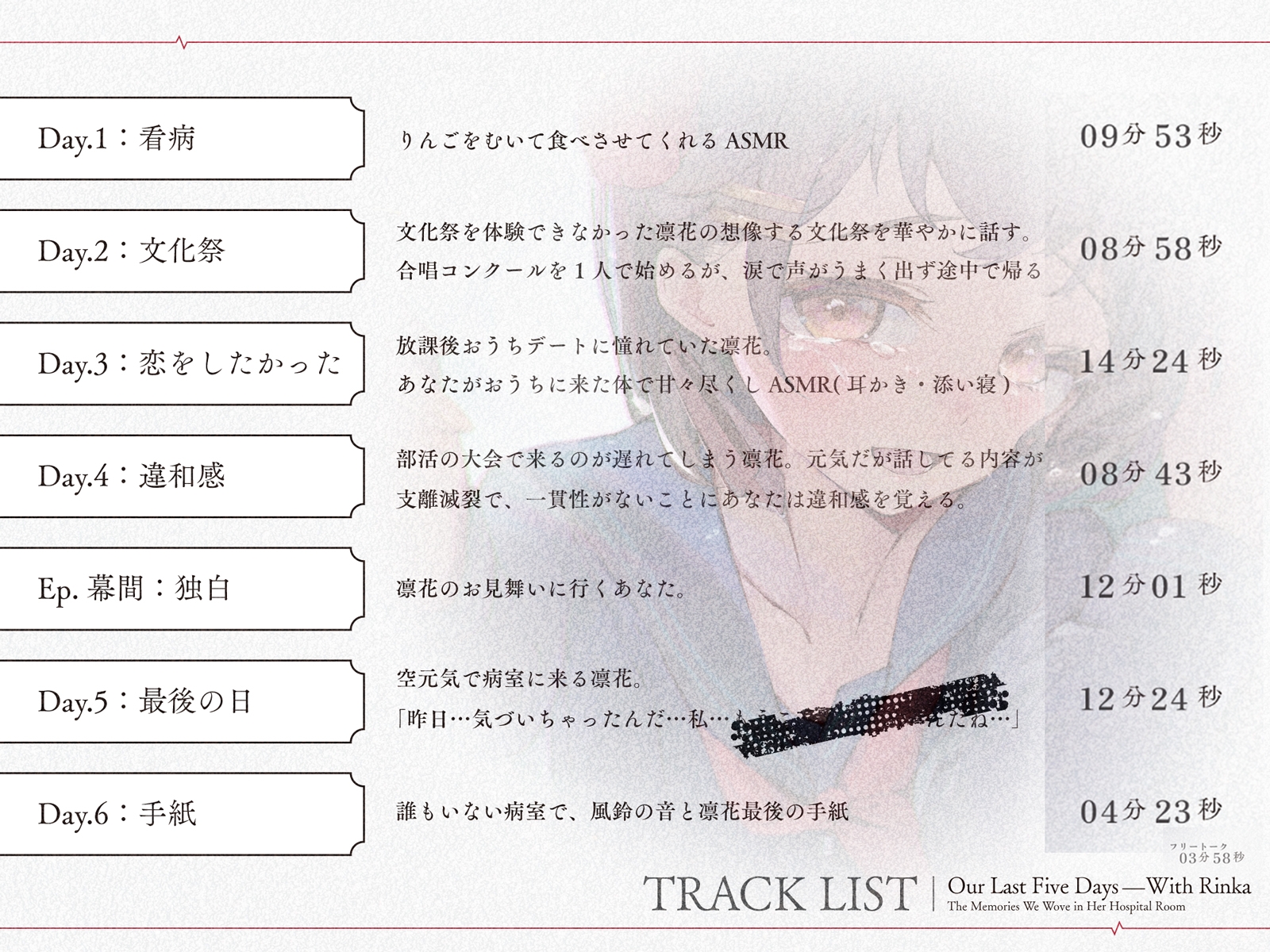 【ストーリーASMR】『凛花と最後の五日間〜病室で紡ぐ思い出〜』【CV:佐伯伊織】 画像3