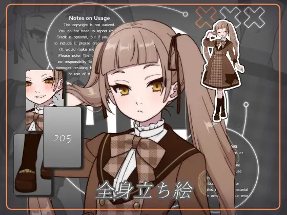立ち絵素材_205(ザッハトルテをモチーフにデザインした女の子全身、表情7種、おまけPNG素材あり)