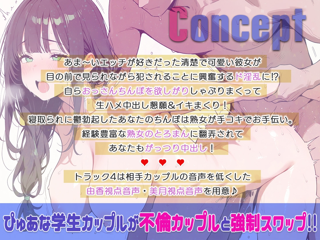 【不倫カップルとスワップ】バイト先店長に目前犯され絶頂する彼女見ながら鬱勃起ちんぽ熟女のトロまんに生ハメ中出し！【KU-100】 画像1