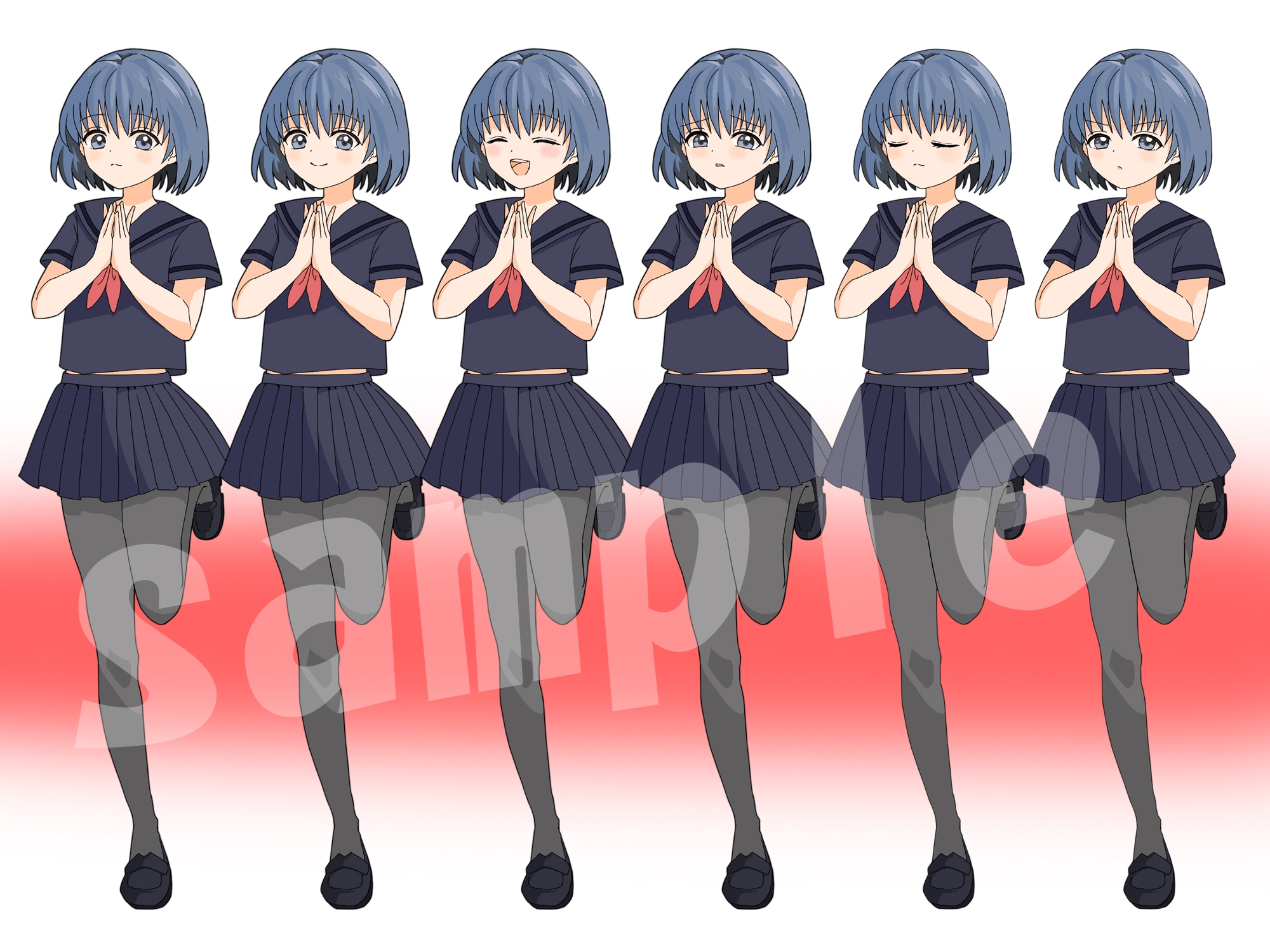 女子イラスト立ち絵5体(表情6種) 透過PNG