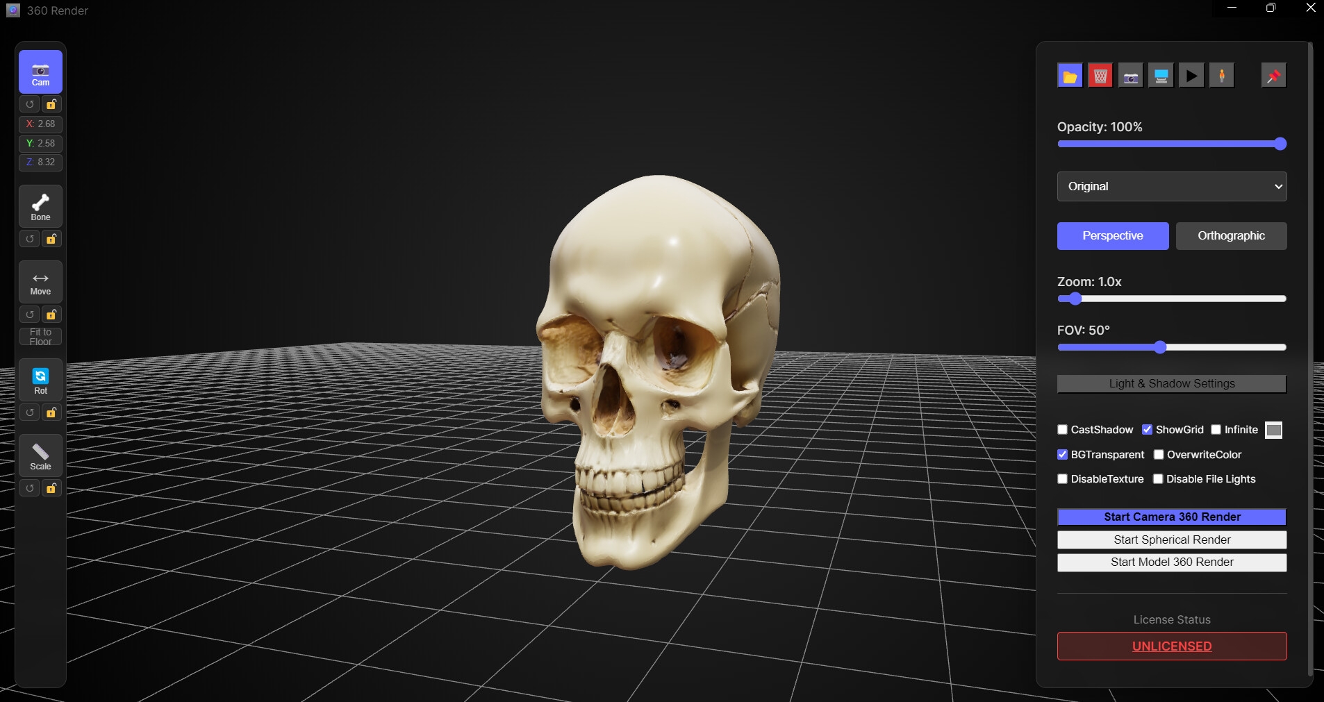 頭蓋骨モデル、および360度レンダリング画像、ファイル数600枚、3Dビューワーソフト同梱