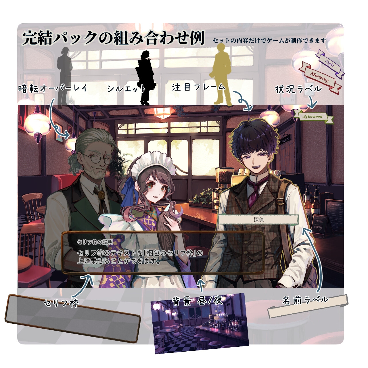 【TRPG立ち絵素材】青年探偵・和装女給・カフェマスターNPCセット|カフェ運営シーン向け