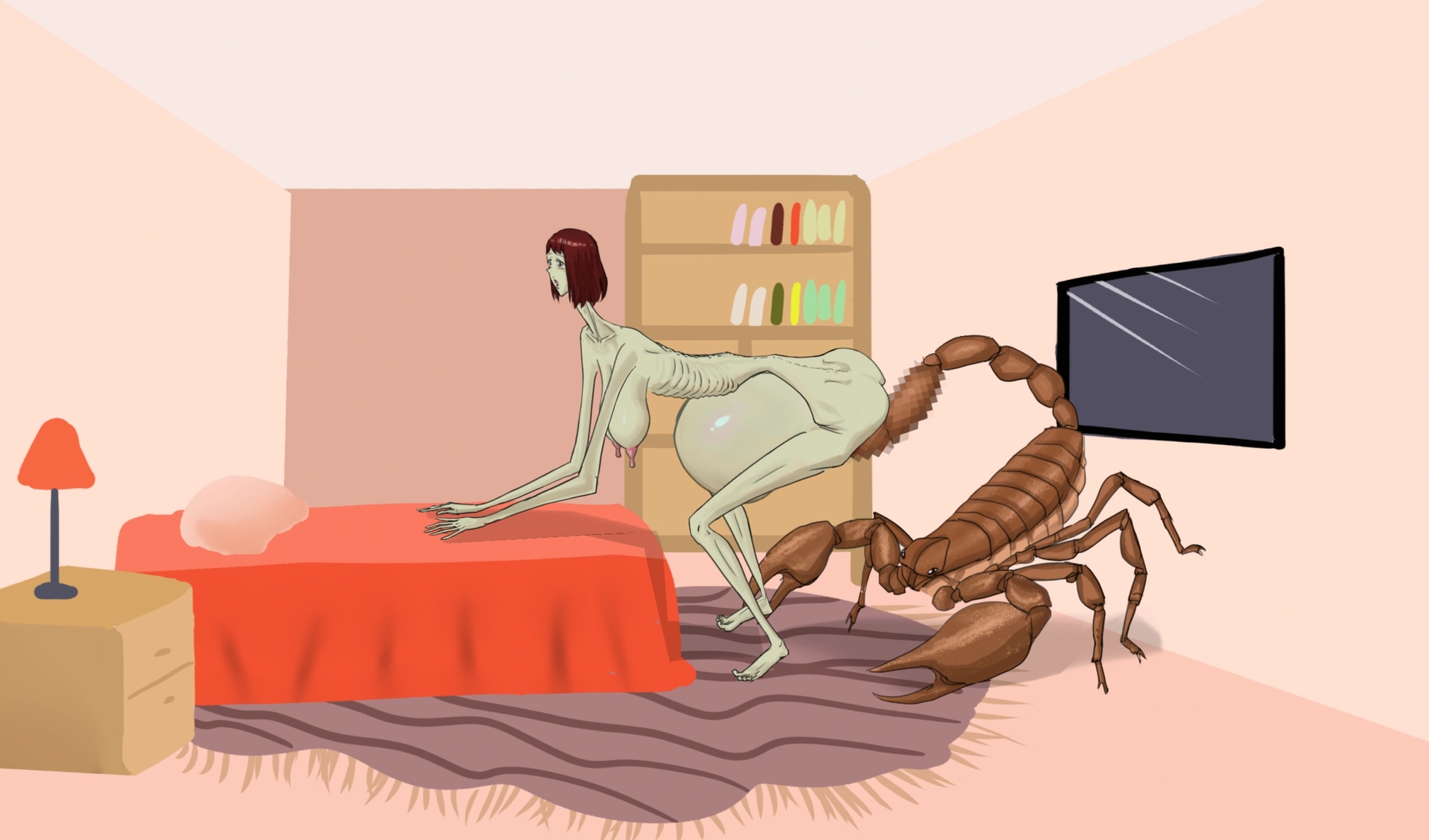 背が高く痩せた女性が寝室のベッドでアリゾナ樹皮サソリによる性的暴行を受け、膣脱出を起こした 画像4