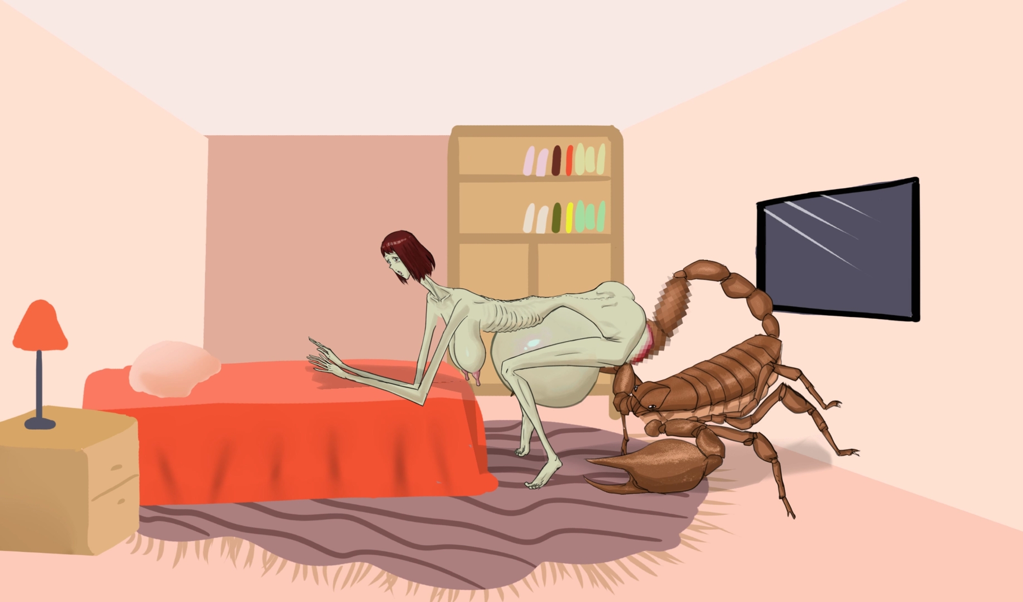 背が高く痩せた女性が寝室のベッドでアリゾナ樹皮サソリによる性的暴行を受け、膣脱出を起こした 画像5