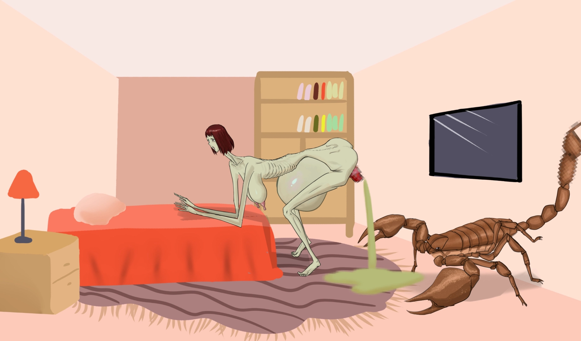 背が高く痩せた女性が寝室のベッドでアリゾナ樹皮サソリによる性的暴行を受け、膣脱出を起こした 画像6