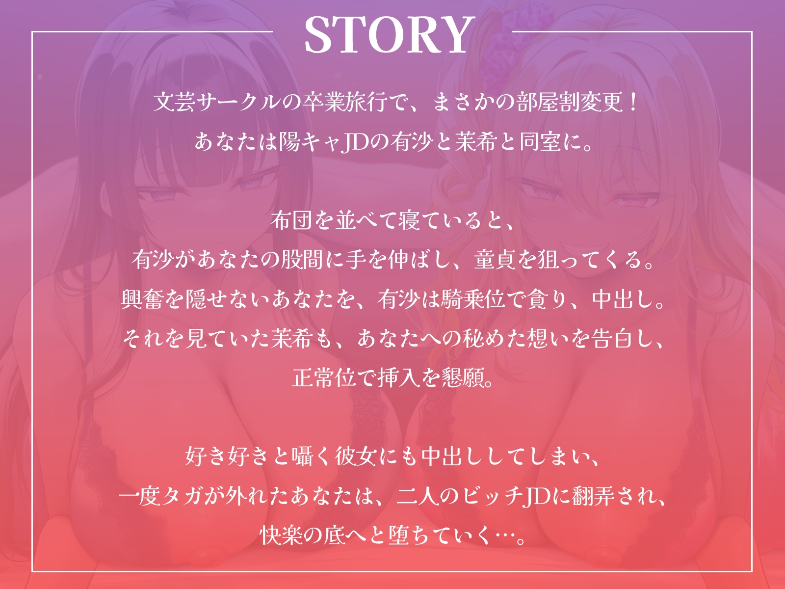 卒業旅行で部屋割急遽変更！?陽キャ女子二人に挟まれて陰キャなあなたの童貞が危ない！～憧れの先輩ギャルと清楚系JDに逆レ○プされるハーレム旅行～【KU100収録】 画像1