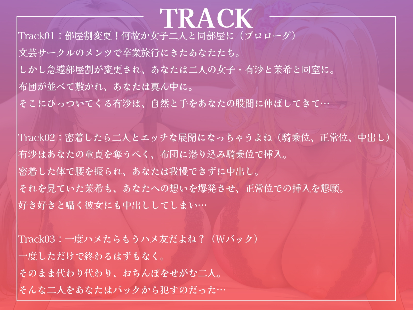 卒業旅行で部屋割急遽変更！?陽キャ女子二人に挟まれて陰キャなあなたの童貞が危ない！～憧れの先輩ギャルと清楚系JDに逆レ○プされるハーレム旅行～【KU100収録】 画像4