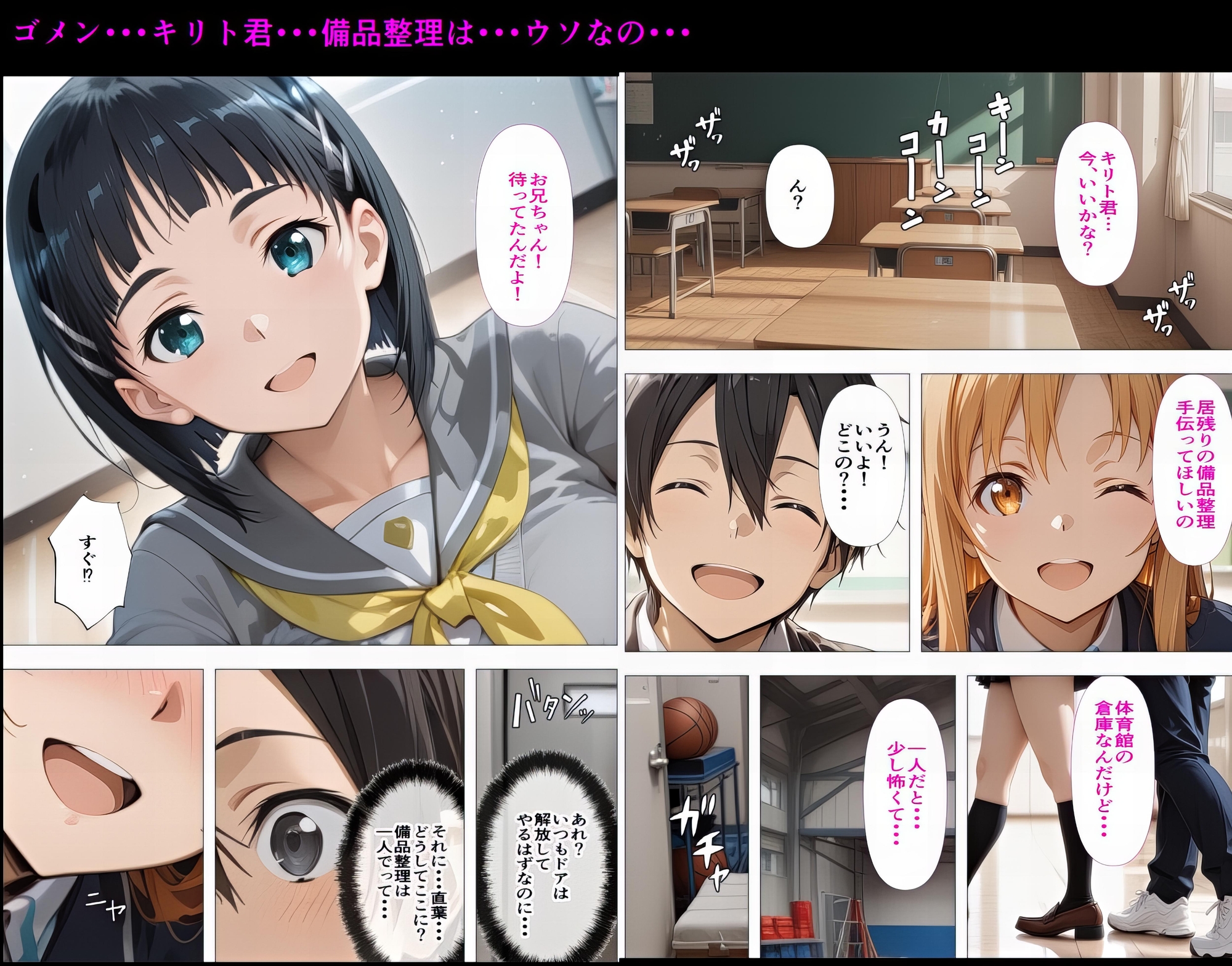 黒の剣士の三角関係10章-前編 「キリト君の種で上書きして・・・」快楽中毒のアスナと直葉 体育倉庫で終わらない強制射精 サンプル 1/10